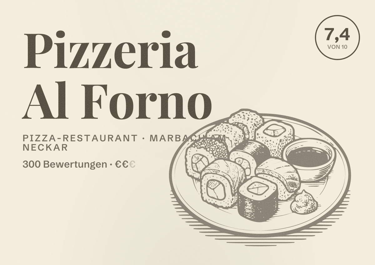 Illustriertes Poster von Pizzeria Al Forno, Pizza-Restaurant in Marbach am Neckar: Bewertung 7,4 von 10 aus 300 Bewertungen, Preisniveau €€