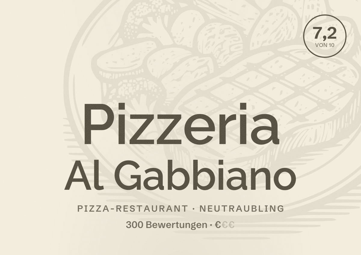 Illustriertes Poster von Pizzeria Al Gabbiano, Pizza-Restaurant in Neutraubling: Bewertung 7,2 von 10 aus 300 Bewertungen, Preisniveau €