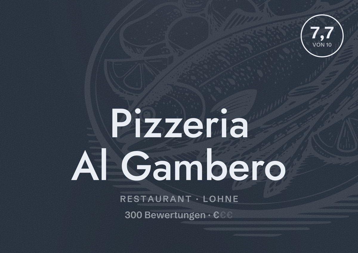Illustriertes Poster von Pizzeria Al Gambero, Restaurant in Lohne: Bewertung 7,7 von 10 aus 300 Bewertungen, Preisniveau €