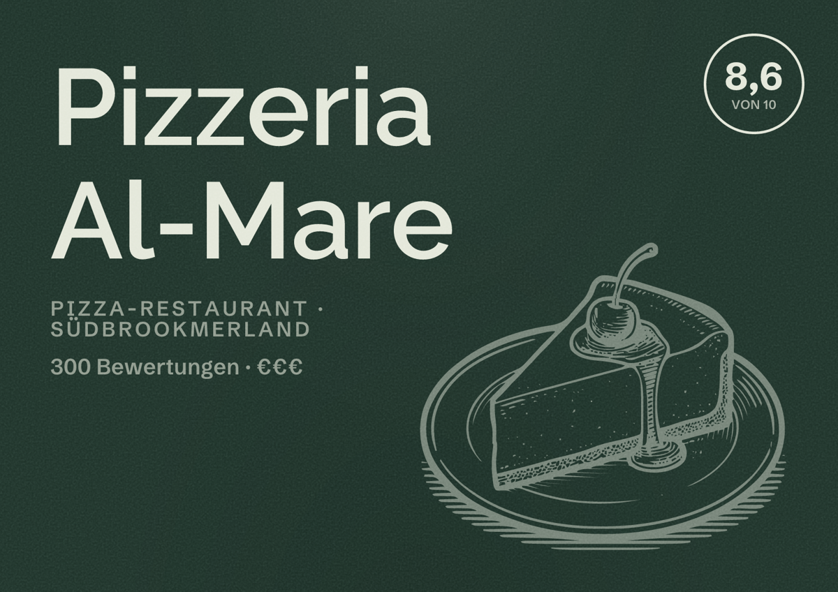 Illustriertes Poster von Pizzeria Al-Mare, Pizza-Restaurant in Südbrookmerland: Bewertung 8,6 von 10 aus 300 Bewertungen, Preisniveau €€€