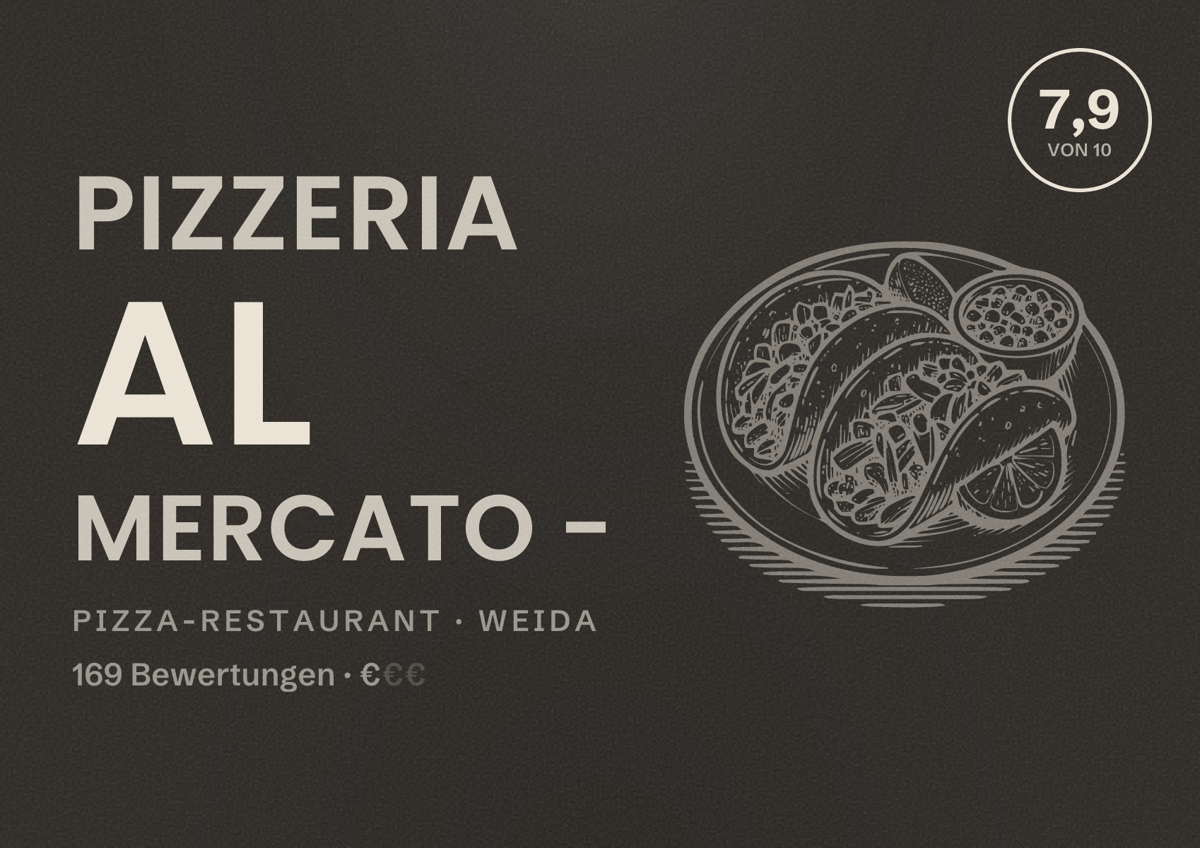 Illustriertes Poster von PIZZERIA AL MERCATO -, Pizza-Restaurant in Weida: Bewertung 7,9 von 10 aus 169 Bewertungen, Preisniveau €