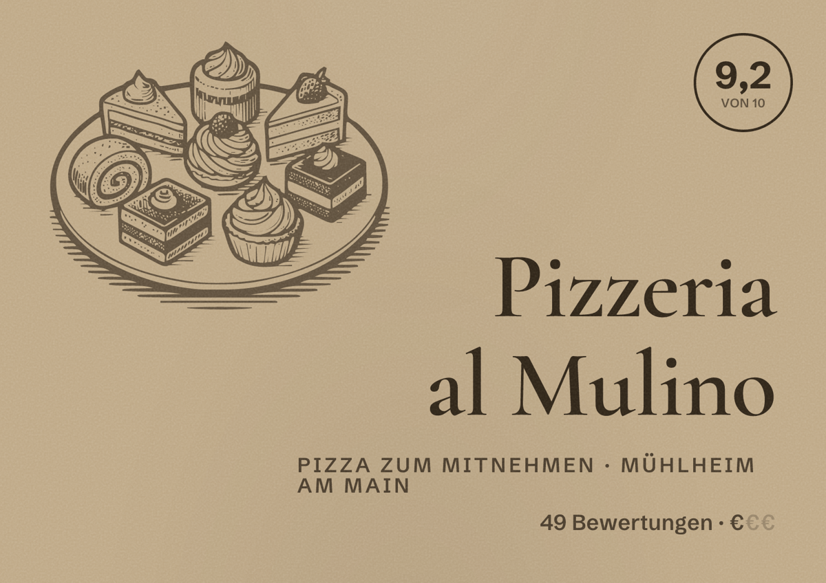 Illustriertes Poster von Pizzeria al Mulino, Pizza zum Mitnehmen in Mühlheim am Main: Bewertung 9,2 von 10 aus 49 Bewertungen, Preisniveau €