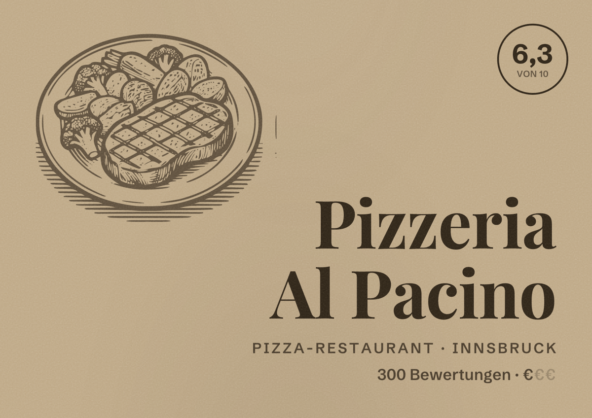 Illustriertes Poster von Pizzeria Al Pacino, Pizza-Restaurant in Innsbruck: Bewertung 6,3 von 10 aus 300 Bewertungen, Preisniveau €