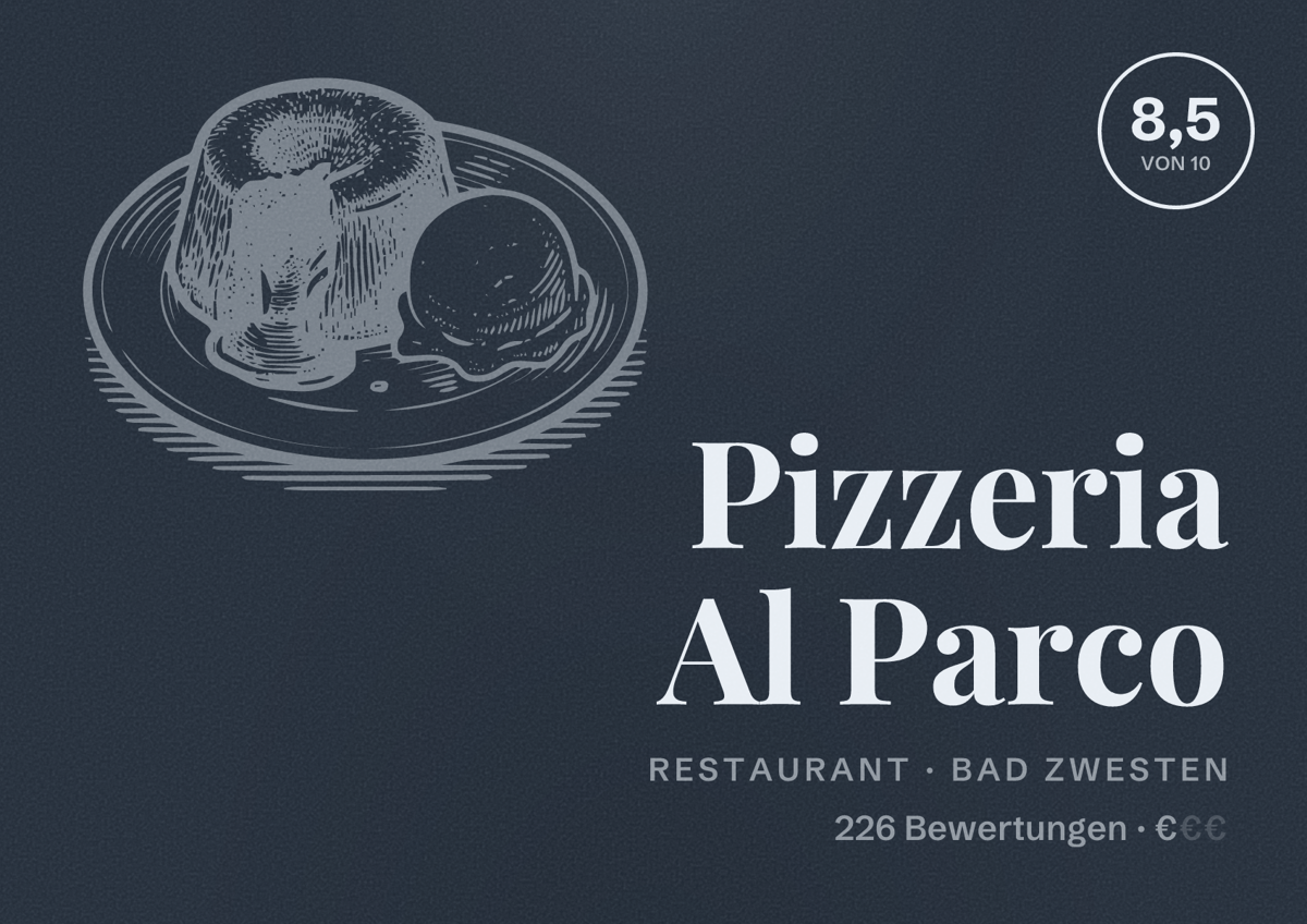 Illustriertes Poster von Pizzeria Al Parco, Restaurant in Bad Zwesten: Bewertung 8,5 von 10 aus 226 Bewertungen, Preisniveau €