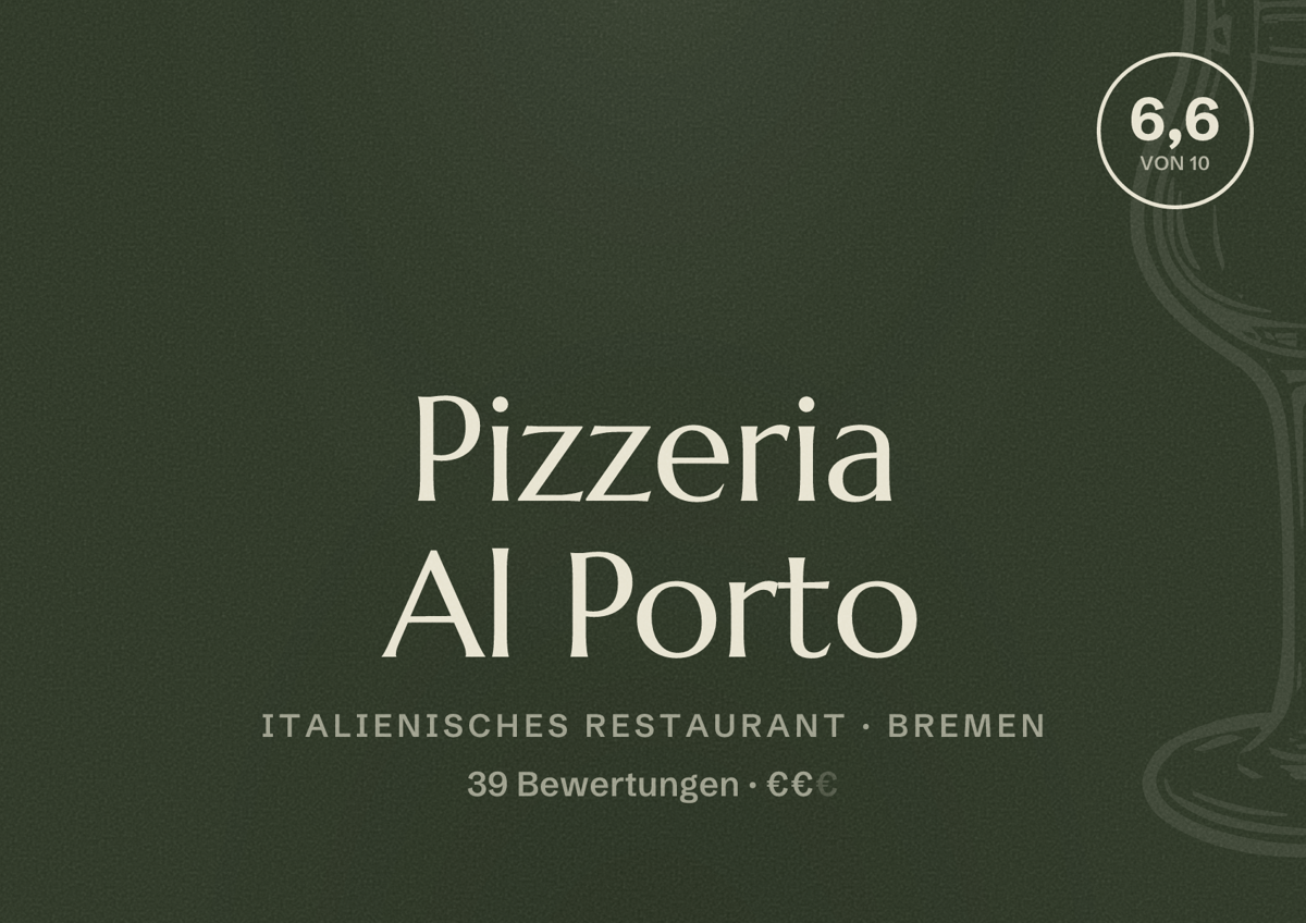 Illustriertes Poster von Pizzeria Al Porto, Italienisches Restaurant in Bremen: Bewertung 6,6 von 10 aus 39 Bewertungen, Preisniveau €€