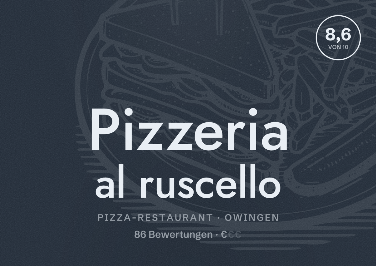 Illustriertes Poster von Pizzeria al ruscello, Pizza-Restaurant in Owingen: Bewertung 8,6 von 10 aus 86 Bewertungen, Preisniveau €