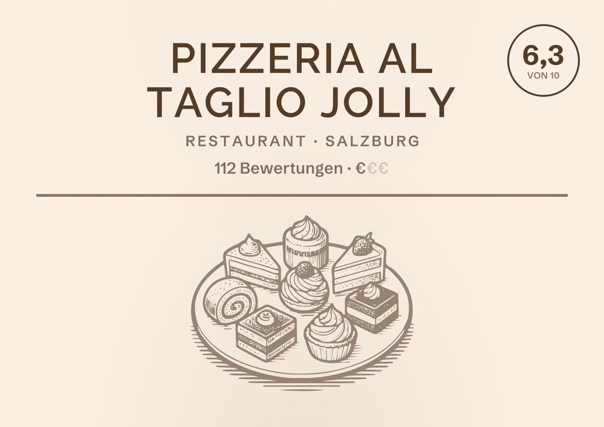 Illustriertes Poster von Pizzeria al taglio JOLLY, Restaurant in Salzburg: Bewertung 6,3 von 10 aus 112 Bewertungen, Preisniveau €