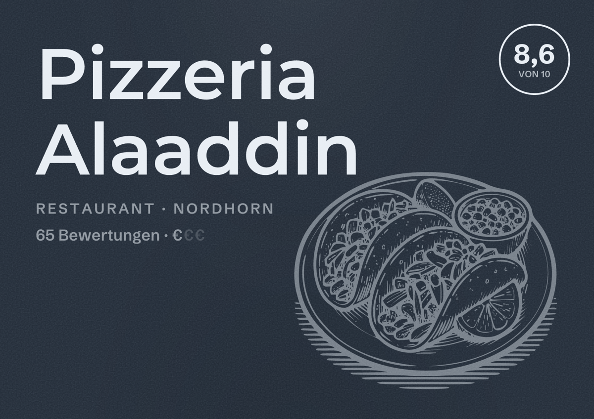 Illustriertes Poster von Pizzeria Alaaddin, Restaurant in Nordhorn: Bewertung 8,6 von 10 aus 65 Bewertungen, Preisniveau €