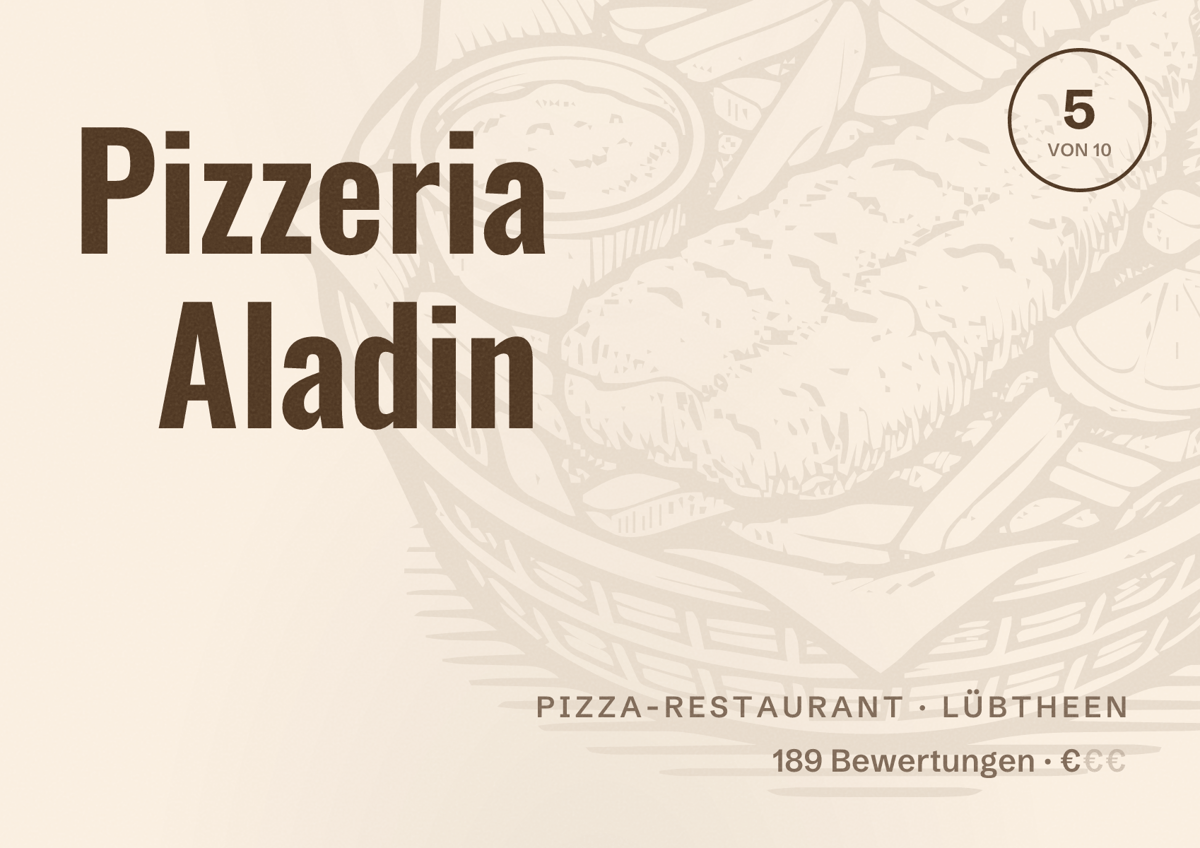 Illustriertes Poster von Pizzeria Aladin, Pizza-Restaurant in Lübtheen: Bewertung 5 von 10 aus 189 Bewertungen, Preisniveau €