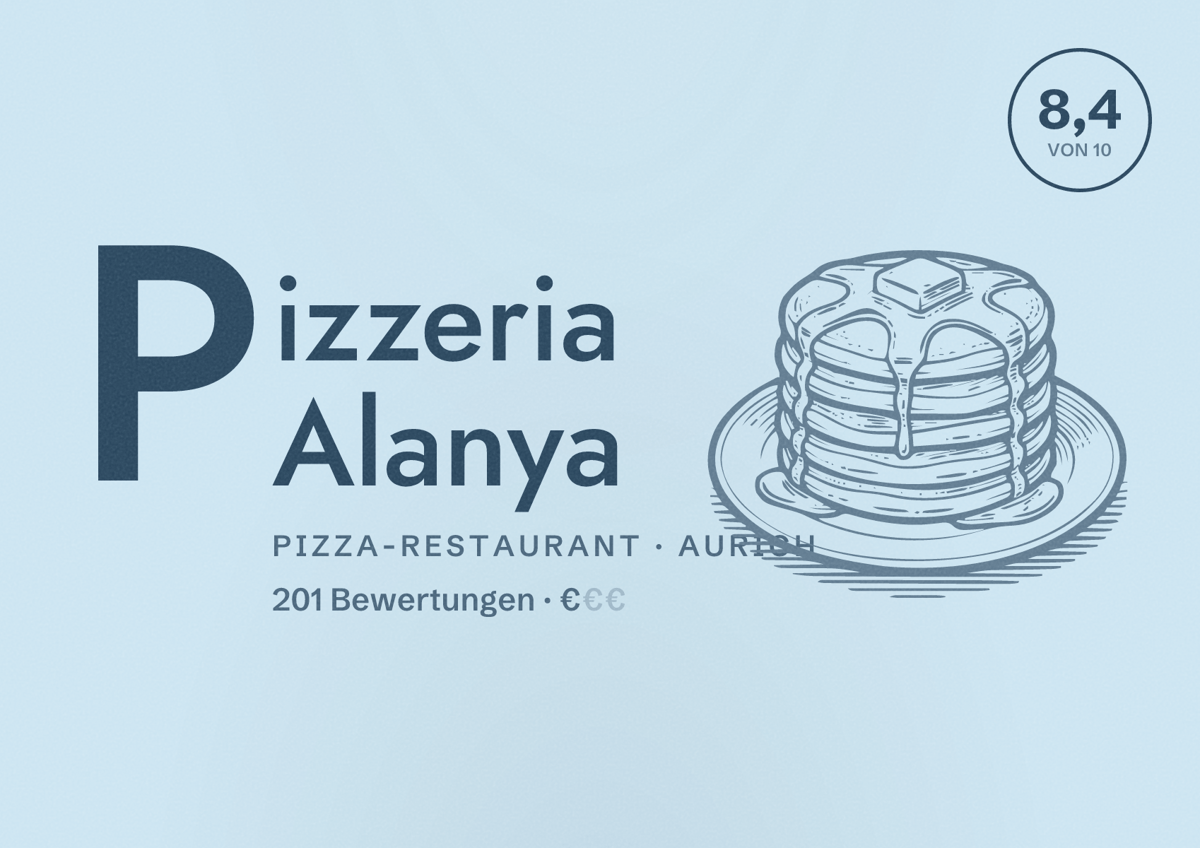 Illustriertes Poster von Pizzeria Alanya, Pizza-Restaurant in Aurich: Bewertung 8,4 von 10 aus 201 Bewertungen, Preisniveau €