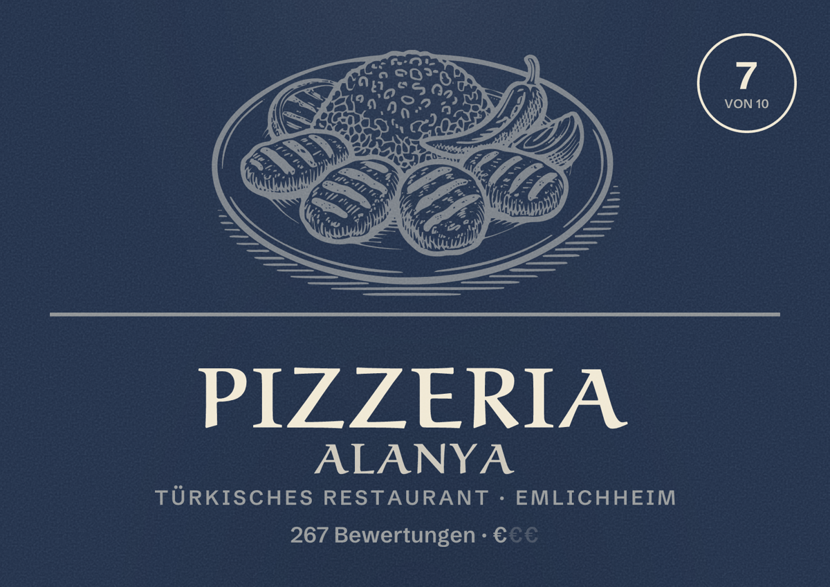 Illustriertes Poster von Pizzeria Alanya, Türkisches Restaurant in Emlichheim: Bewertung 7 von 10 aus 267 Bewertungen, Preisniveau €