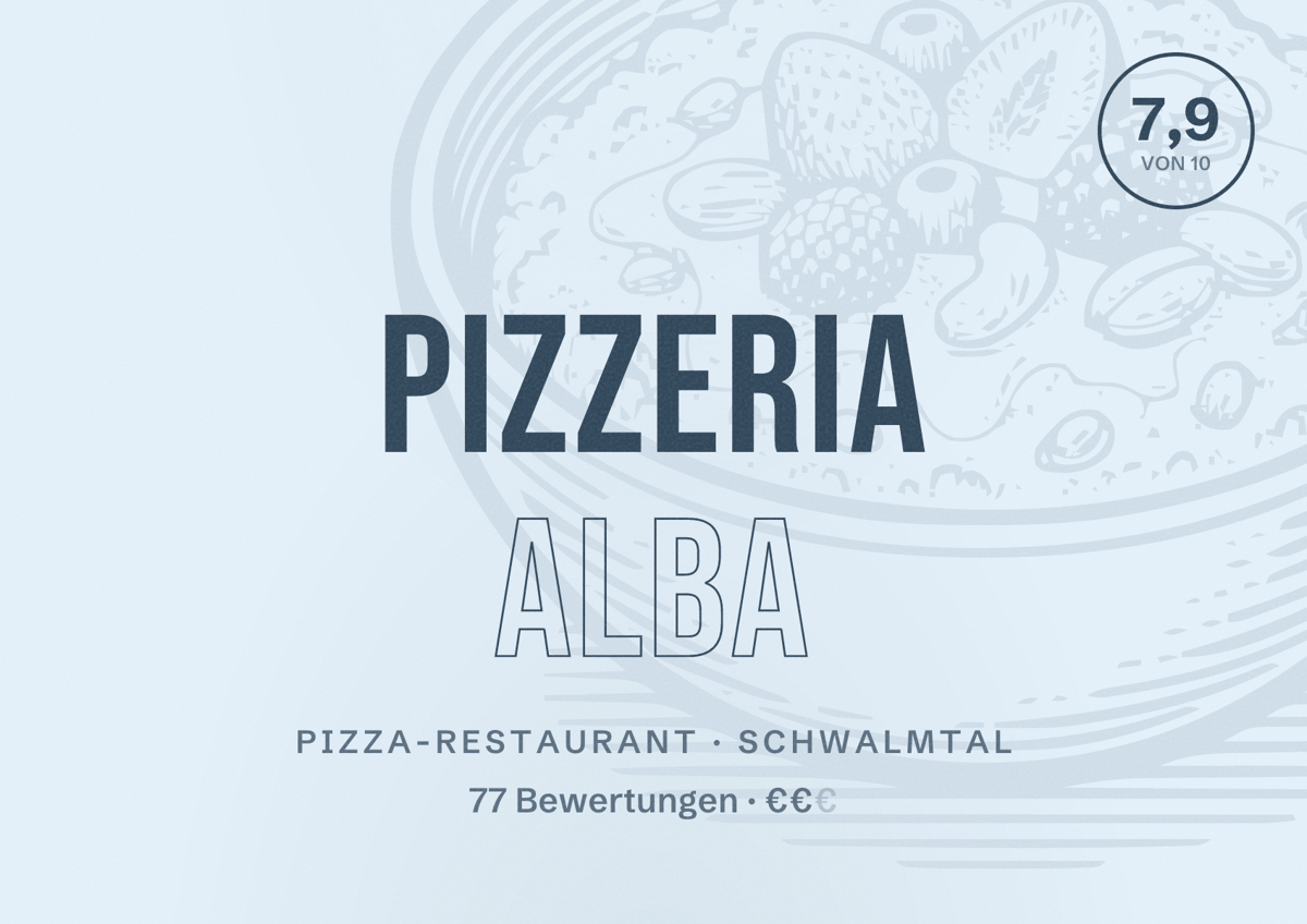 Illustriertes Poster von pizzeria alba, Pizza-Restaurant in Schwalmtal: Bewertung 7,9 von 10 aus 77 Bewertungen, Preisniveau €€