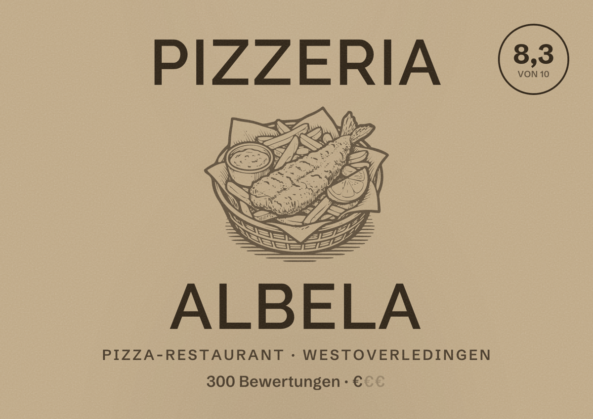 Illustriertes Poster von Pizzeria Albela, Pizza-Restaurant in Westoverledingen: Bewertung 8,3 von 10 aus 300 Bewertungen, Preisniveau €