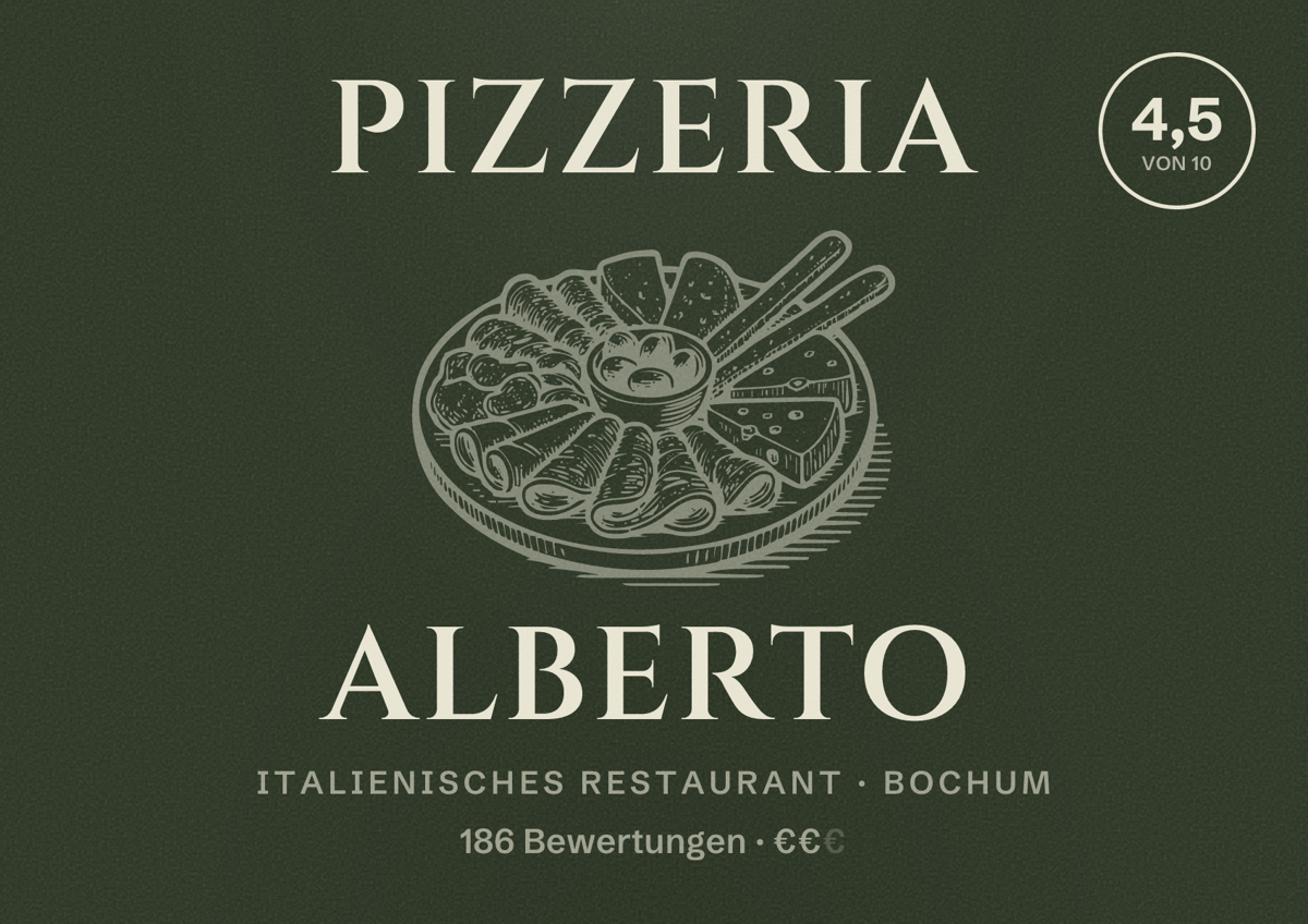 Illustriertes Poster von Pizzeria Alberto, Italienisches Restaurant in Bochum: Bewertung 4,5 von 10 aus 186 Bewertungen, Preisniveau €€