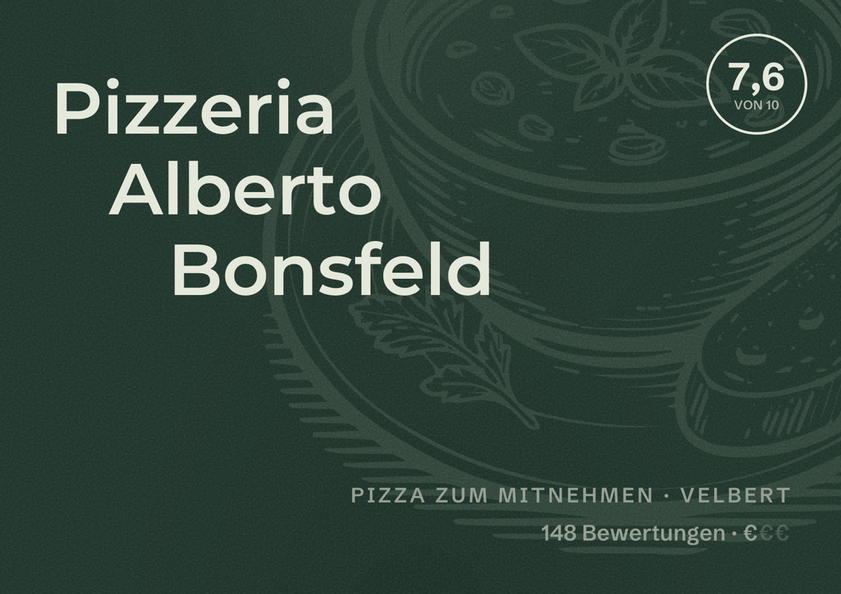 Illustriertes Poster von Pizzeria Alberto Bonsfeld, Pizza zum Mitnehmen in Velbert: Bewertung 7,6 von 10 aus 148 Bewertungen, Preisniveau €