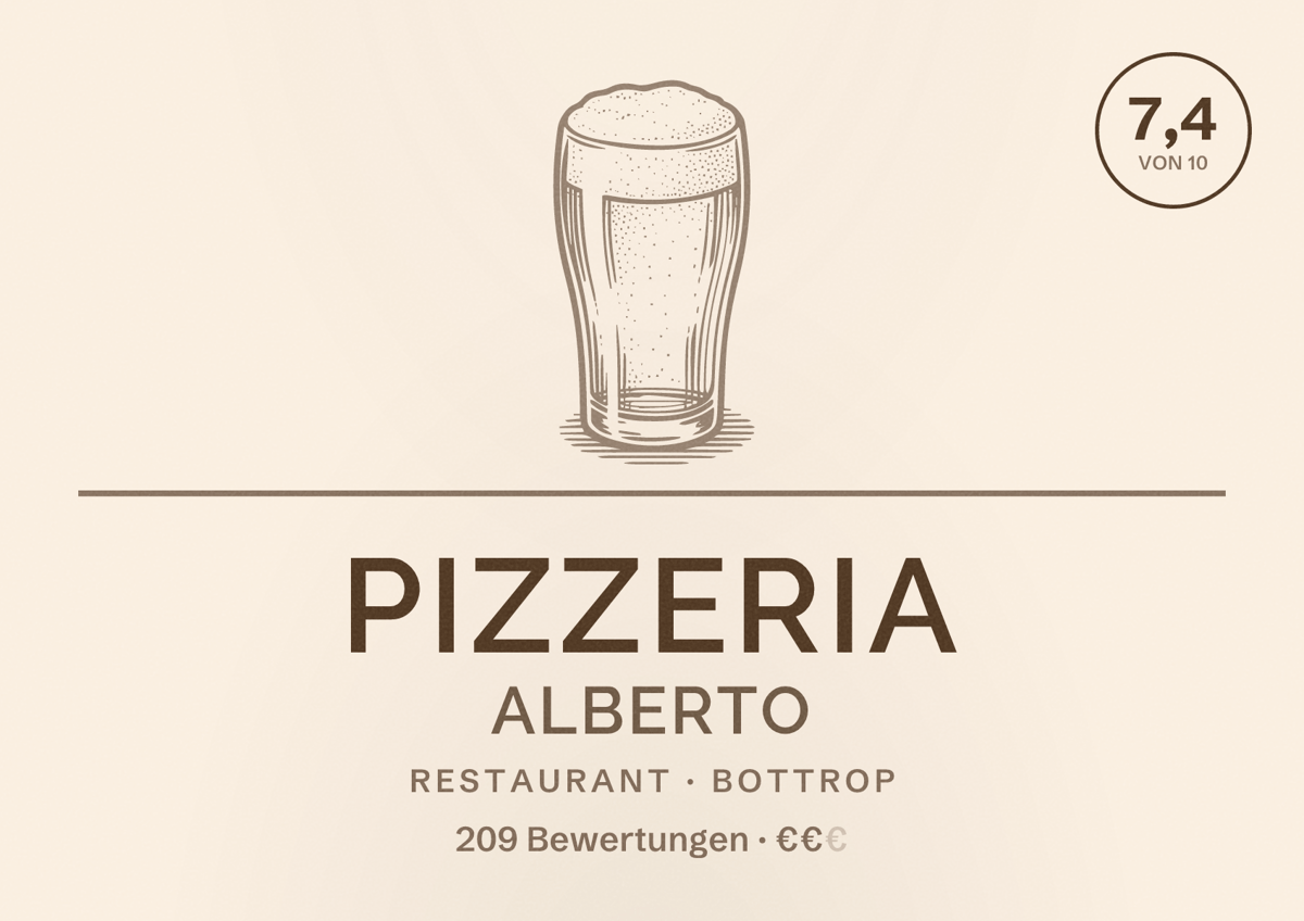 Illustriertes Poster von Pizzeria Alberto, Restaurant in Bottrop: Bewertung 7,4 von 10 aus 209 Bewertungen, Preisniveau €€
