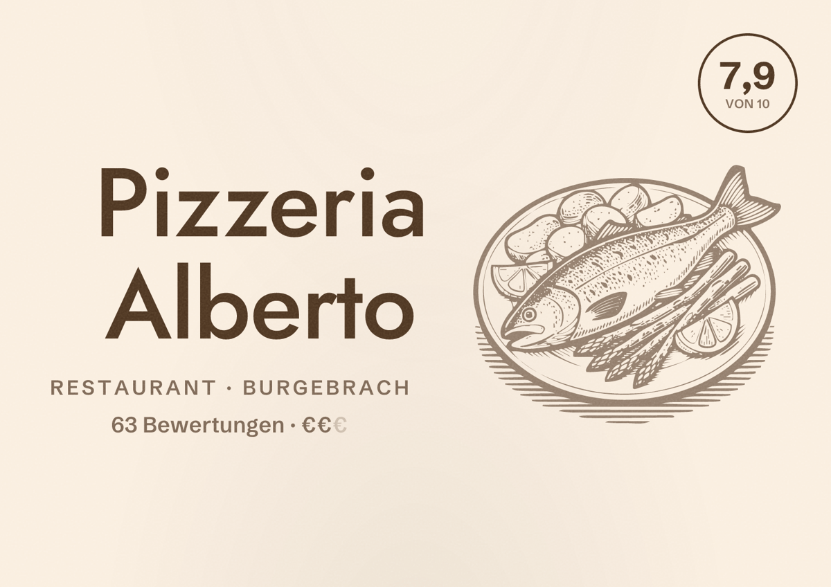 Illustriertes Poster von Pizzeria Alberto, Restaurant in Burgebrach: Bewertung 7,9 von 10 aus 63 Bewertungen, Preisniveau €€