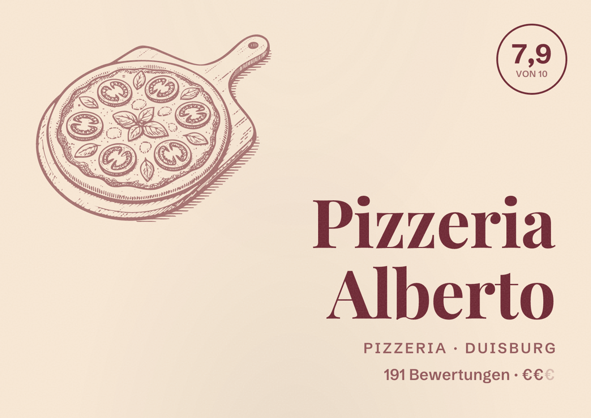 Illustriertes Poster von Pizzeria Alberto, Pizzeria in Duisburg: Bewertung 7,9 von 10 aus 191 Bewertungen, Preisniveau €€