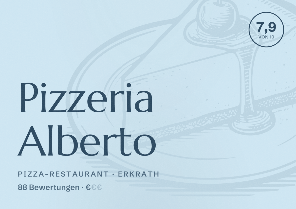 Illustriertes Poster von Pizzeria Alberto, Pizza-Restaurant in Erkrath: Bewertung 7,9 von 10 aus 88 Bewertungen, Preisniveau €