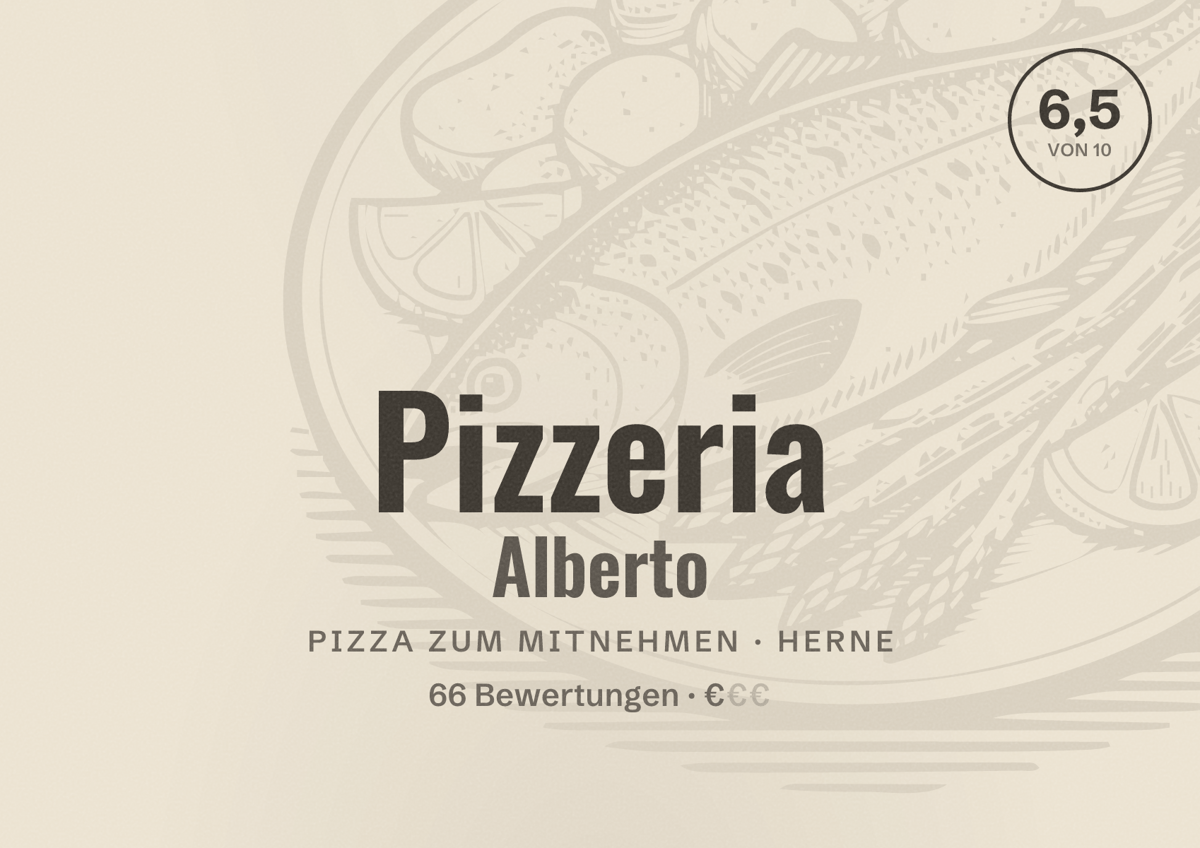 Illustriertes Poster von Pizzeria Alberto, Pizza zum Mitnehmen in Herne: Bewertung 6,5 von 10 aus 66 Bewertungen, Preisniveau €