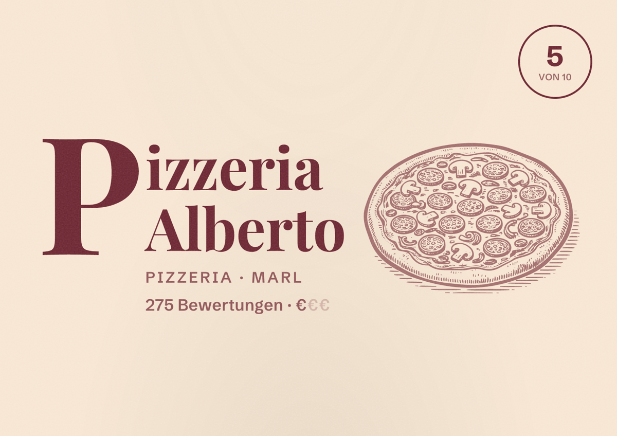 Illustriertes Poster von Pizzeria Alberto, Pizzeria in Marl: Bewertung 5 von 10 aus 275 Bewertungen, Preisniveau €