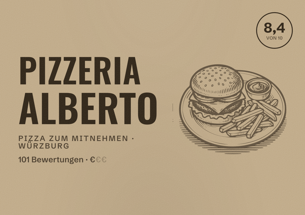 Illustriertes Poster von Pizzeria Alberto, Pizza zum Mitnehmen in Würzburg: Bewertung 8,4 von 10 aus 101 Bewertungen, Preisniveau €