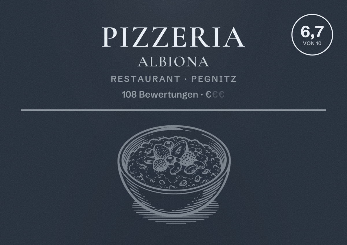 Illustriertes Poster von Pizzeria Albiona, Restaurant in Pegnitz: Bewertung 6,7 von 10 aus 108 Bewertungen, Preisniveau €
