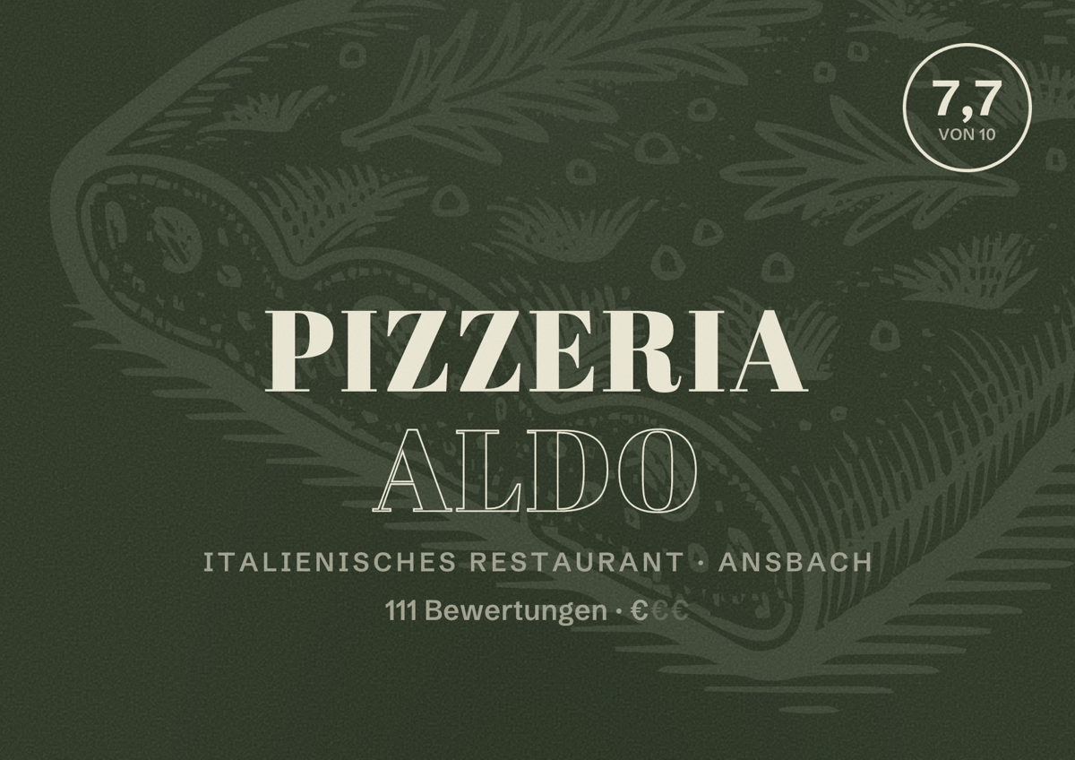Illustriertes Poster von Pizzeria Aldo, Italienisches Restaurant in Ansbach: Bewertung 7,7 von 10 aus 111 Bewertungen, Preisniveau €