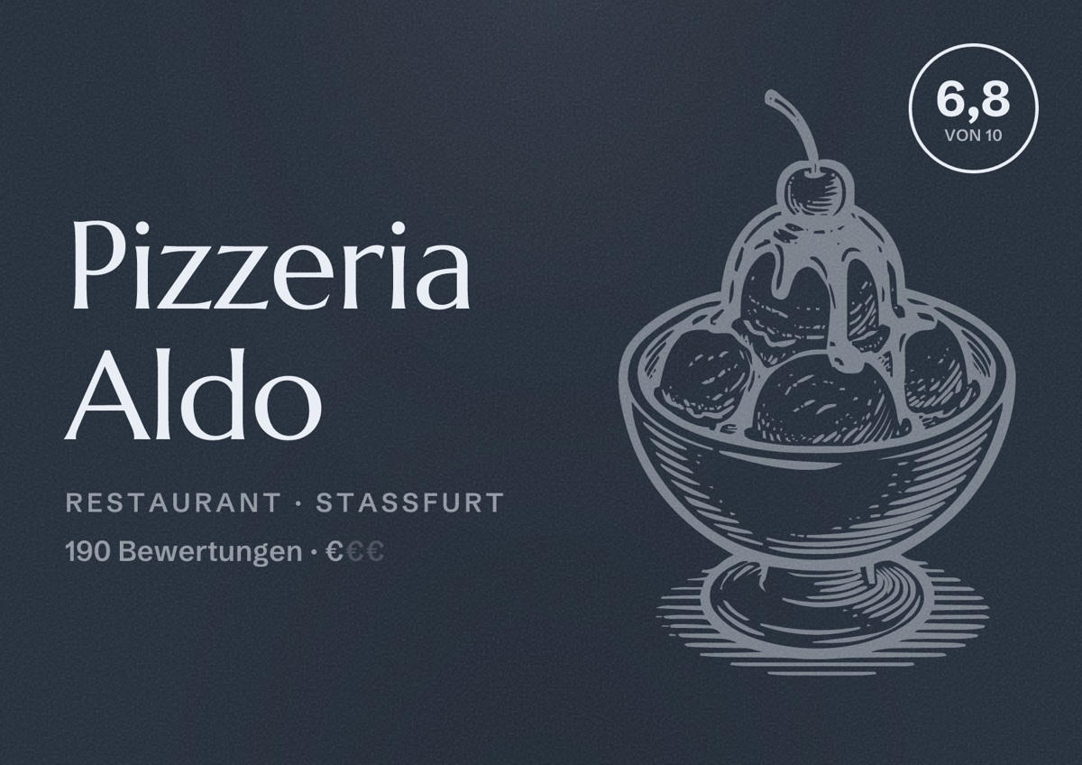 Illustriertes Poster von Pizzeria Aldo, Restaurant in Staßfurt: Bewertung 6,8 von 10 aus 190 Bewertungen, Preisniveau €