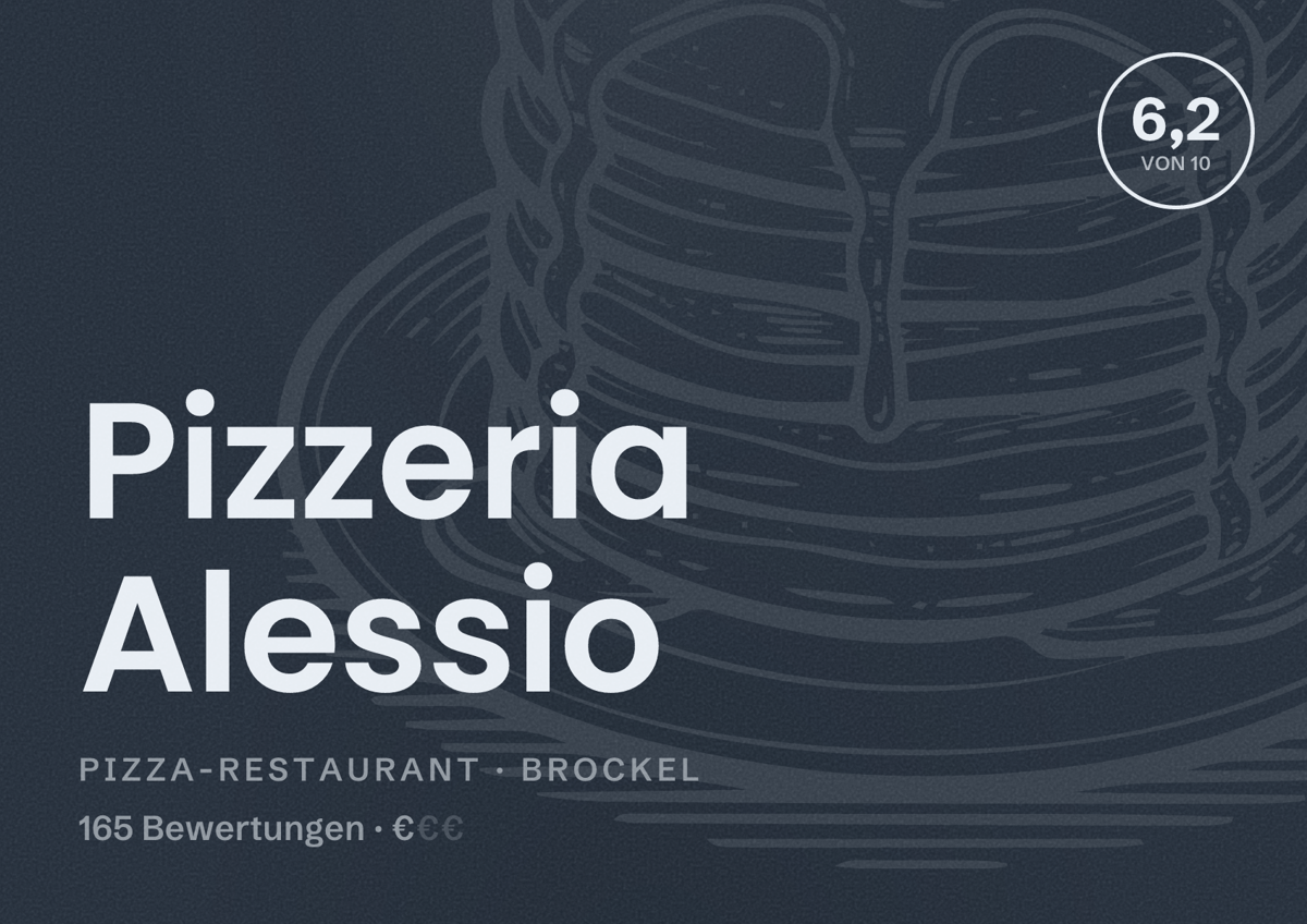 Illustriertes Poster von Pizzeria Alessio, Pizza-Restaurant in Brockel: Bewertung 6,2 von 10 aus 165 Bewertungen, Preisniveau €