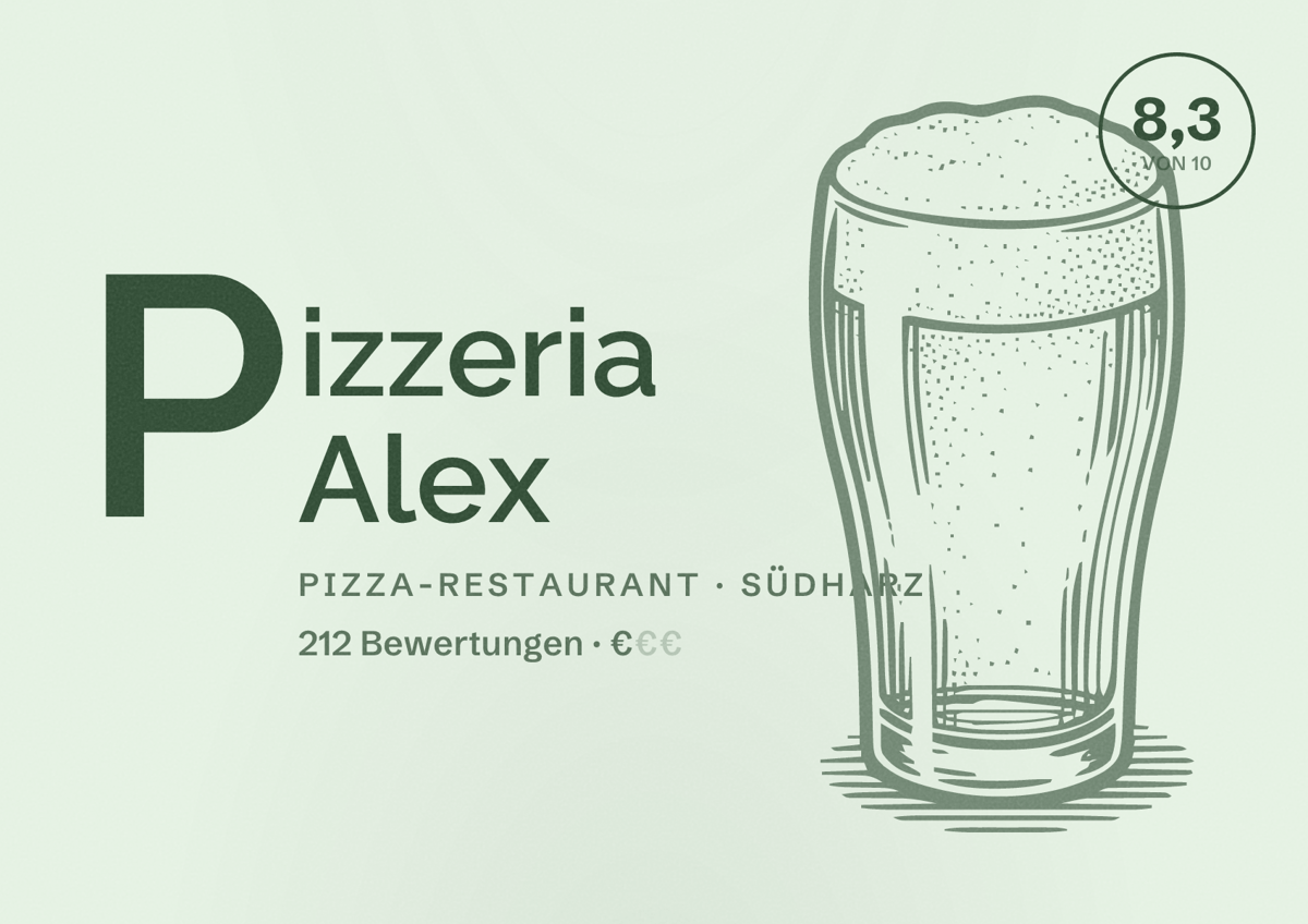 Illustriertes Poster von Pizzeria Alex, Pizza-Restaurant in Südharz: Bewertung 8,3 von 10 aus 212 Bewertungen, Preisniveau €