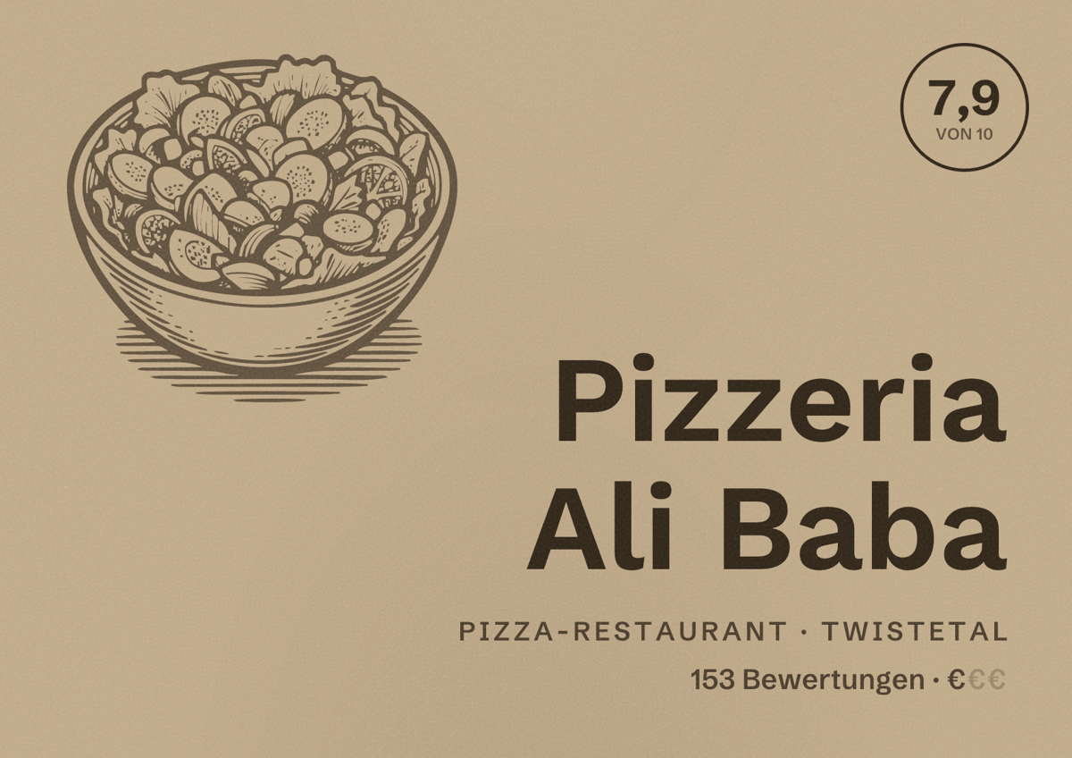 Illustriertes Poster von Pizzeria Ali Baba, Pizza-Restaurant in Twistetal: Bewertung 7,9 von 10 aus 153 Bewertungen, Preisniveau €