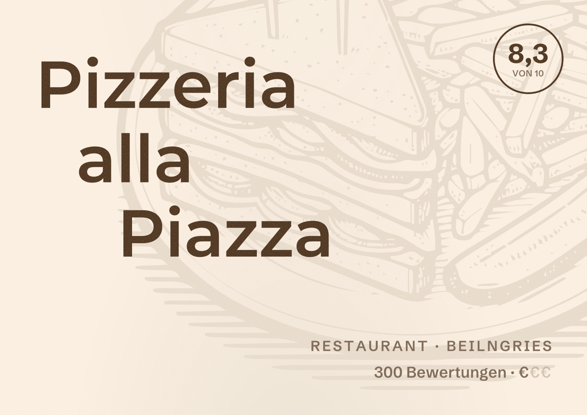 Illustriertes Poster von Pizzeria alla Piazza, Restaurant in Beilngries: Bewertung 8,3 von 10 aus 300 Bewertungen, Preisniveau €