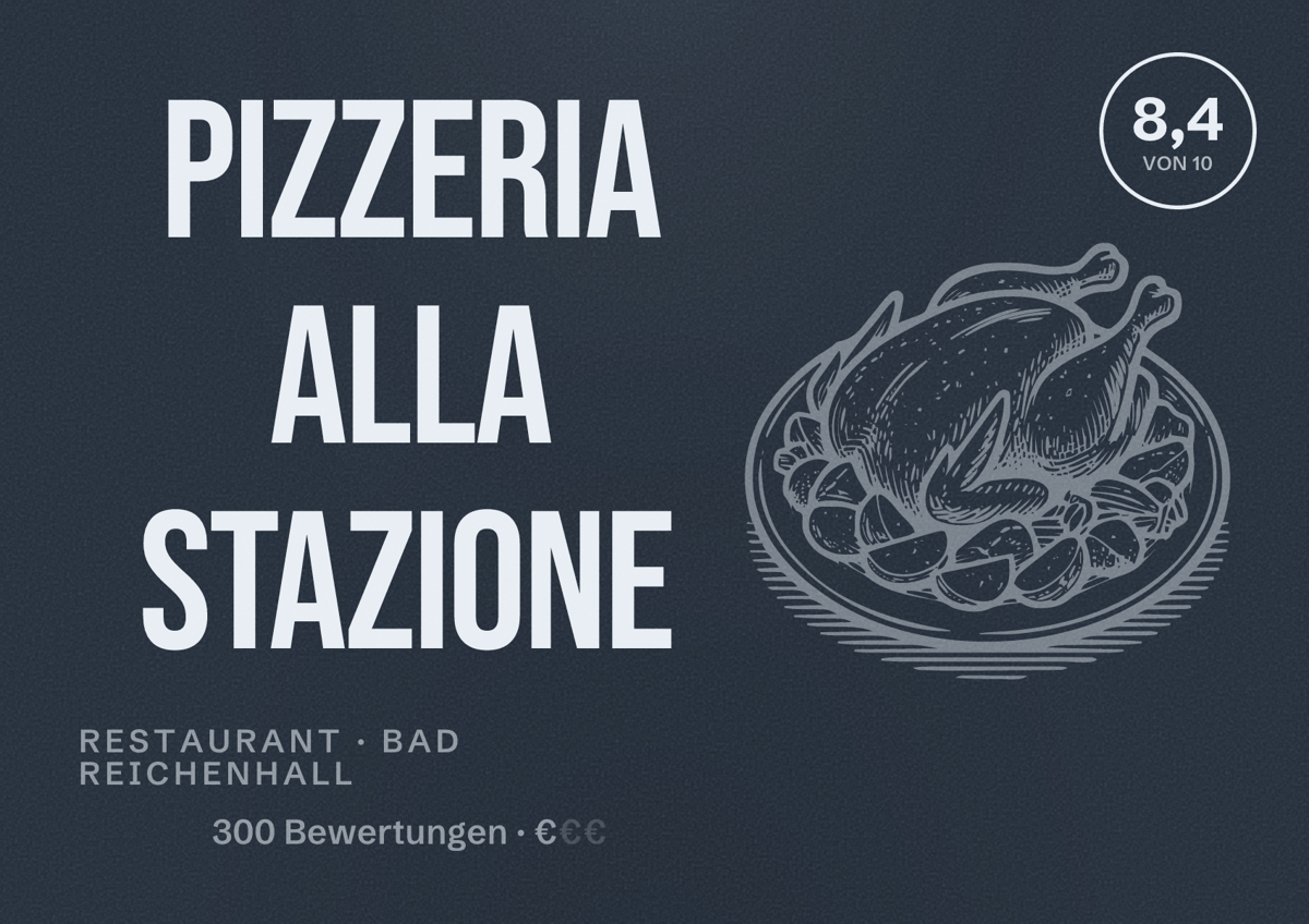 Illustriertes Poster von Pizzeria Alla Stazione, Restaurant in Bad Reichenhall: Bewertung 8,4 von 10 aus 300 Bewertungen, Preisniveau €