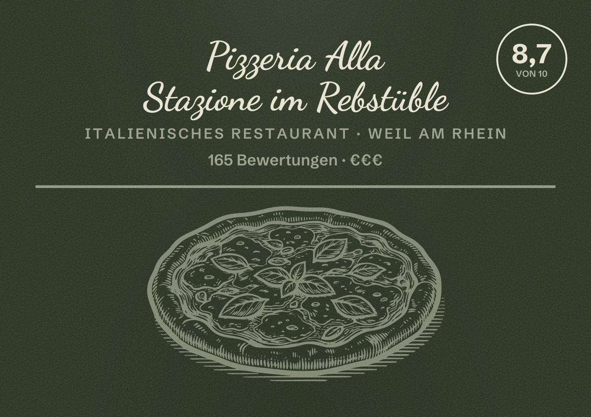 Illustriertes Poster von Pizzeria Alla Stazione im Rebstüble, Italienisches Restaurant in Weil am Rhein: Bewertung 8,7 von 10 aus 165 Bewertungen, Preisniveau €€€