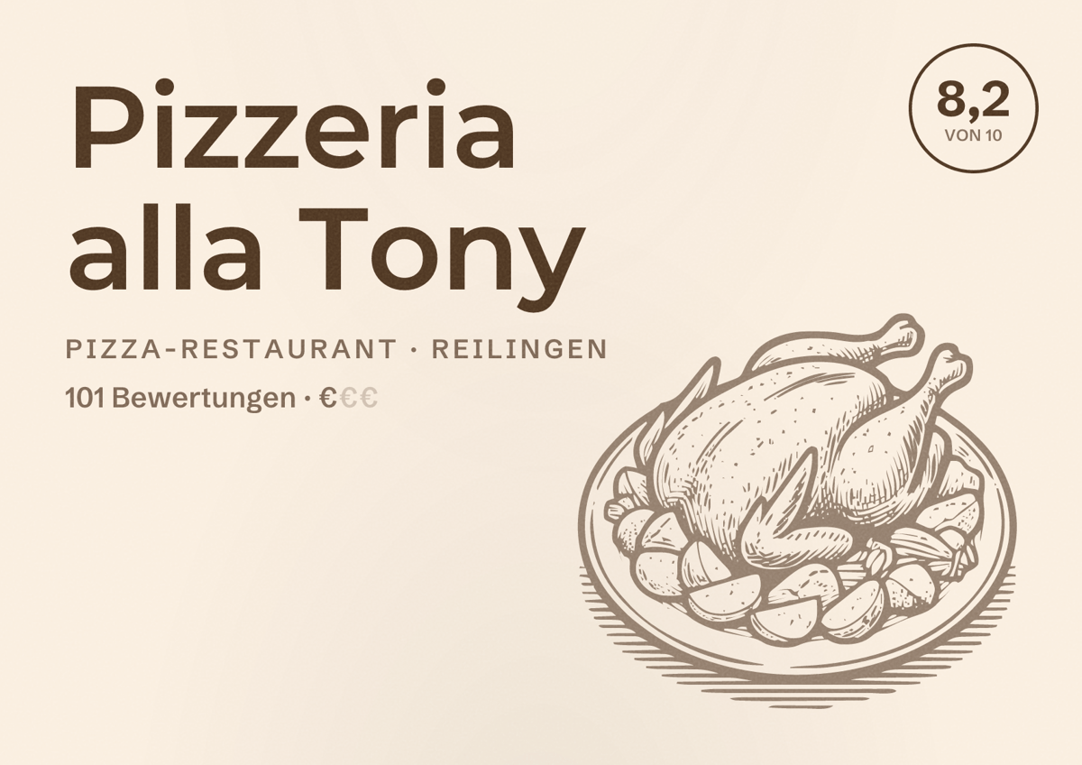 Illustriertes Poster von Pizzeria alla Tony, Pizza-Restaurant in Reilingen: Bewertung 8,2 von 10 aus 101 Bewertungen, Preisniveau €