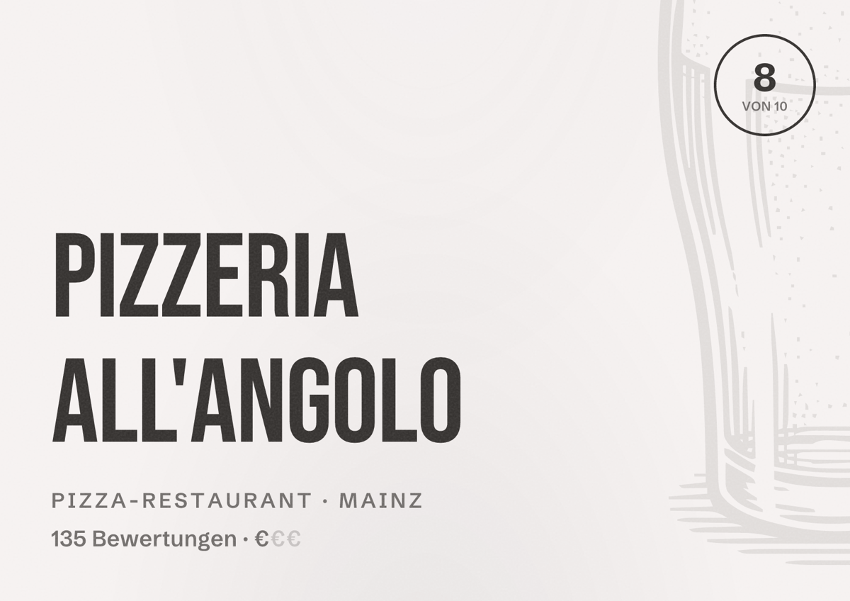Illustriertes Poster von Pizzeria All'angolo, Pizza-Restaurant in Mainz: Bewertung 8 von 10 aus 135 Bewertungen, Preisniveau €
