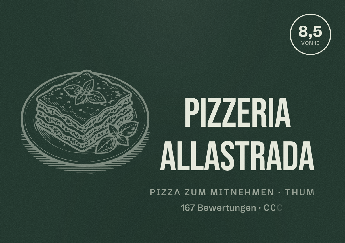 Illustriertes Poster von Pizzeria Allastrada, Pizza zum Mitnehmen in Thum: Bewertung 8,5 von 10 aus 167 Bewertungen, Preisniveau €€
