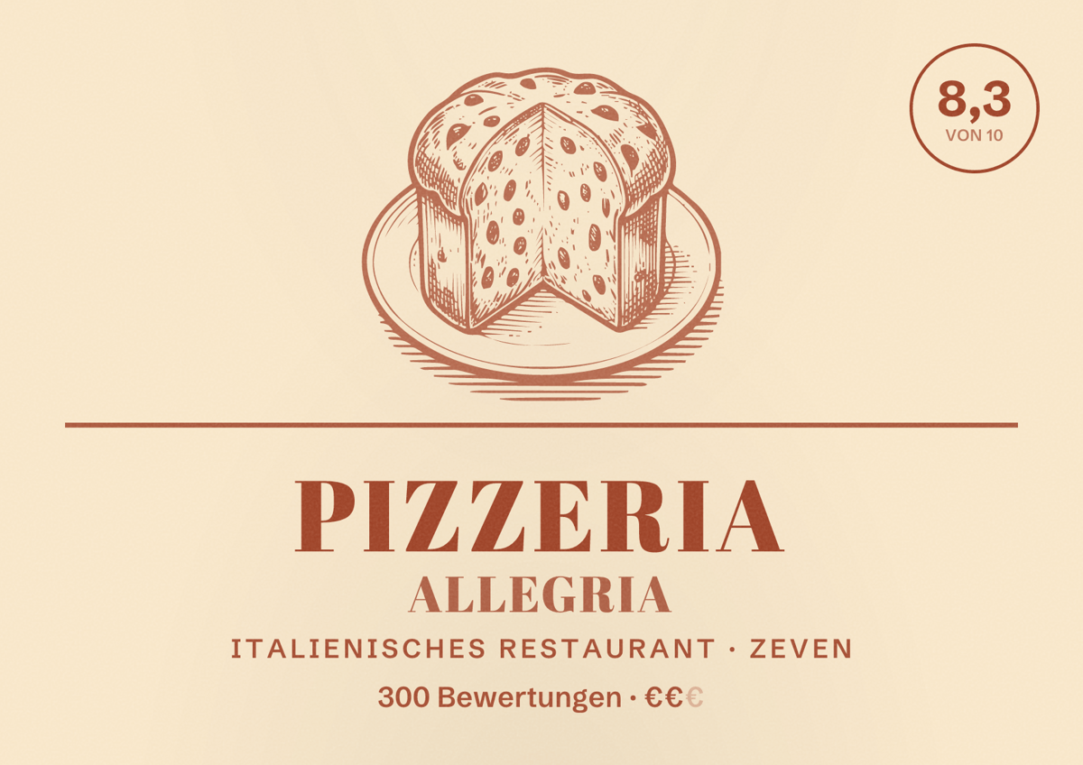 Illustriertes Poster von Pizzeria Allegria, Italienisches Restaurant in Zeven: Bewertung 8,3 von 10 aus 300 Bewertungen, Preisniveau €€