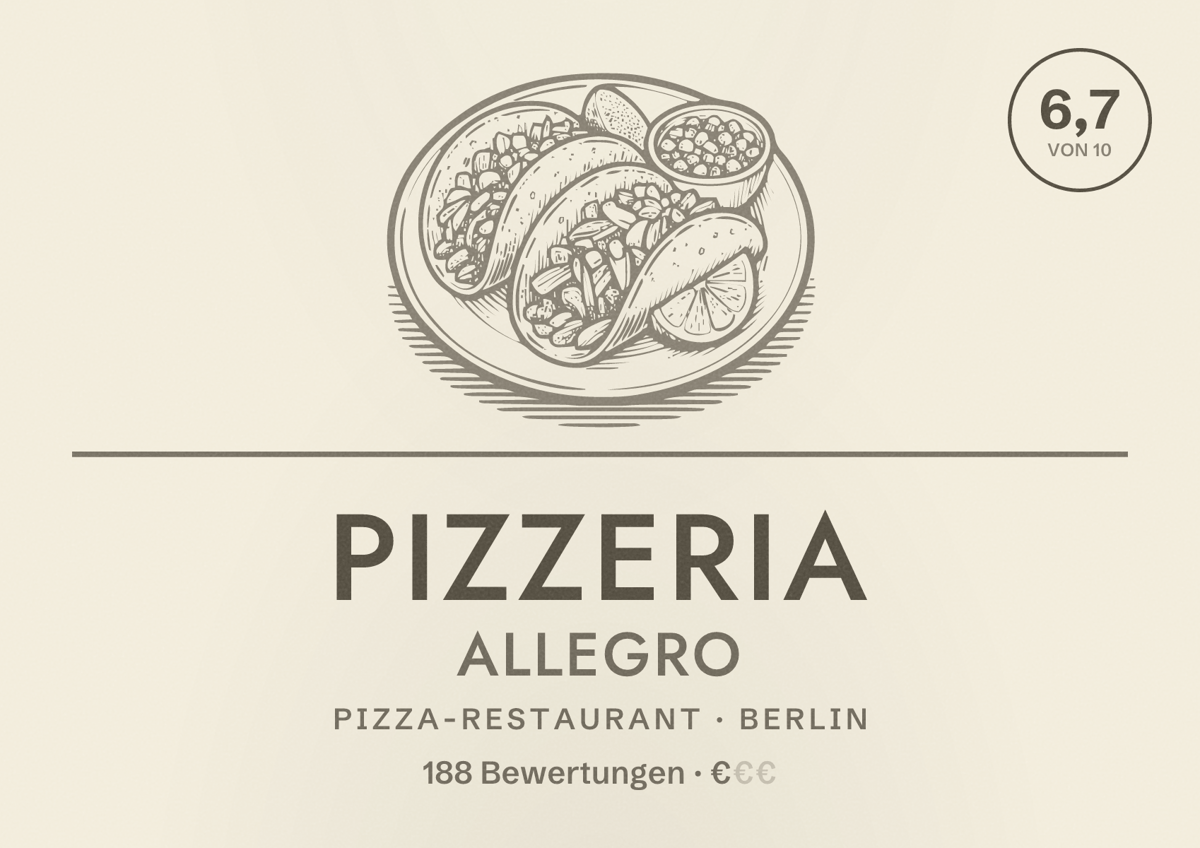 Illustriertes Poster von Pizzeria Allegro, Pizza-Restaurant in Berlin: Bewertung 6,7 von 10 aus 188 Bewertungen, Preisniveau €