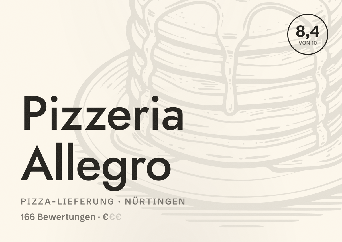 Illustriertes Poster von Pizzeria Allegro, Pizza-Lieferung in Nürtingen: Bewertung 8,4 von 10 aus 166 Bewertungen, Preisniveau €