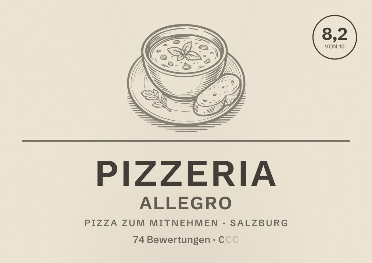 Illustriertes Poster von Pizzeria ALLEGRO, Pizza zum Mitnehmen in Salzburg: Bewertung 8,2 von 10 aus 74 Bewertungen, Preisniveau €