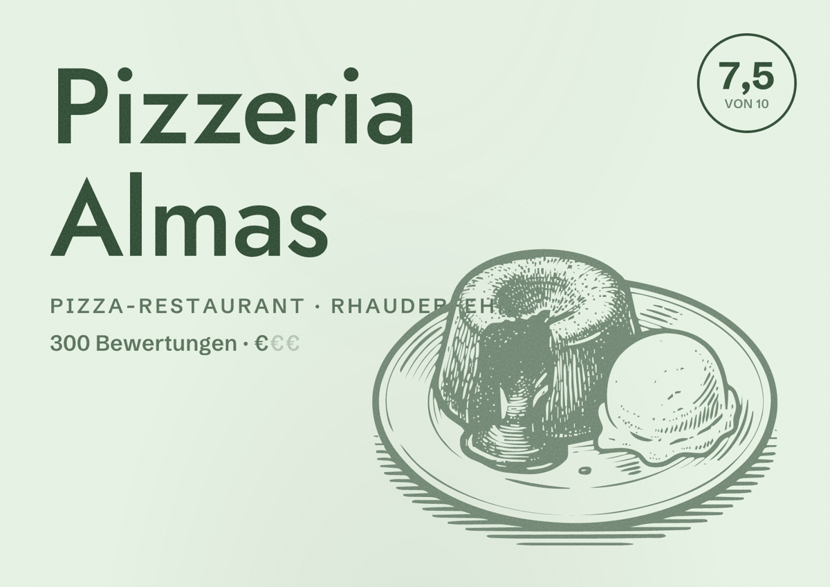 Illustriertes Poster von Pizzeria Almas, Pizza-Restaurant in Rhauderfehn: Bewertung 7,5 von 10 aus 300 Bewertungen, Preisniveau €