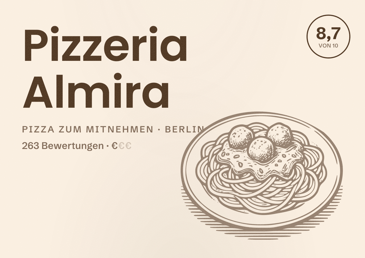 Illustriertes Poster von Pizzeria Almira, Pizza zum Mitnehmen in Berlin: Bewertung 8,7 von 10 aus 263 Bewertungen, Preisniveau €