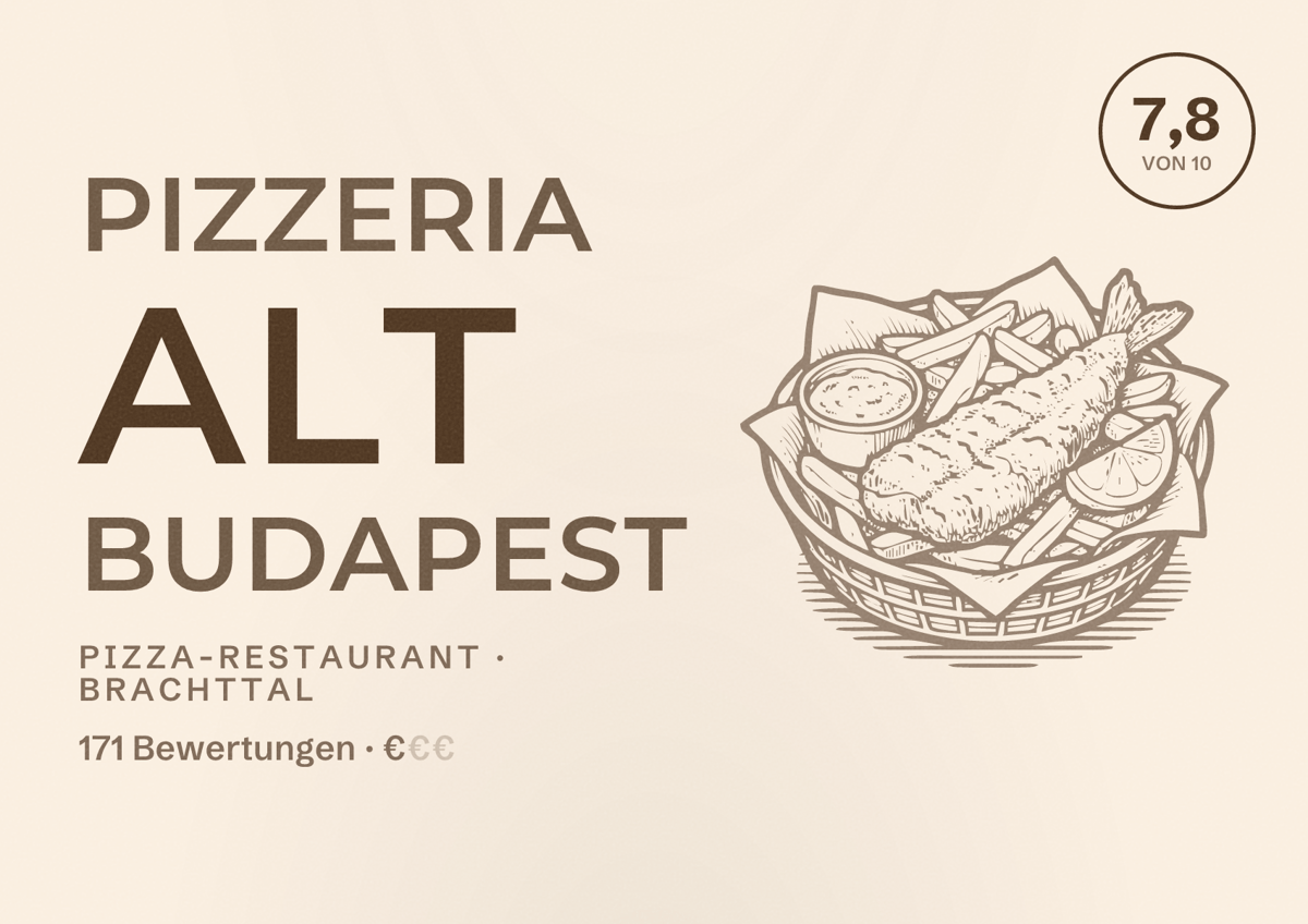 Illustriertes Poster von Pizzeria Alt Budapest, Pizza-Restaurant in Brachttal: Bewertung 7,8 von 10 aus 171 Bewertungen, Preisniveau €