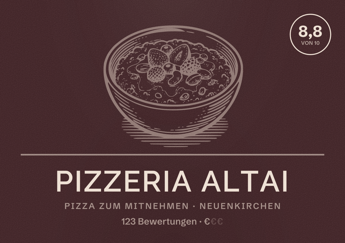 Illustriertes Poster von Pizzeria Altai, Pizza zum Mitnehmen in Neuenkirchen: Bewertung 8,8 von 10 aus 123 Bewertungen, Preisniveau €