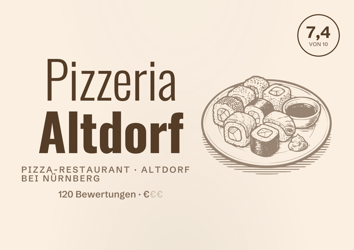 Illustriertes Poster von Pizzeria Altdorf, Pizza-Restaurant in Altdorf bei Nürnberg: Bewertung 7,4 von 10 aus 120 Bewertungen, Preisniveau €