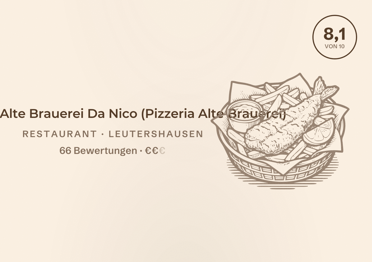 Illustriertes Poster von Pizzeria Alte Brauerei Da Nico (Pizzeria Alte Brauerei), Restaurant in Leutershausen: Bewertung 8,1 von 10 aus 66 Bewertungen, Preisniveau €€