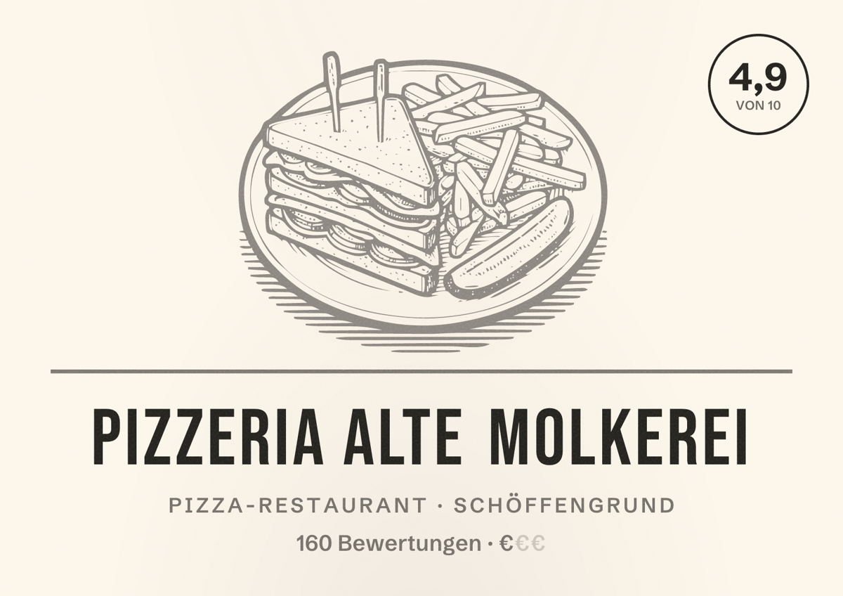 Illustriertes Poster von Pizzeria Alte Molkerei, Pizza-Restaurant in Schöffengrund: Bewertung 4,9 von 10 aus 160 Bewertungen, Preisniveau €