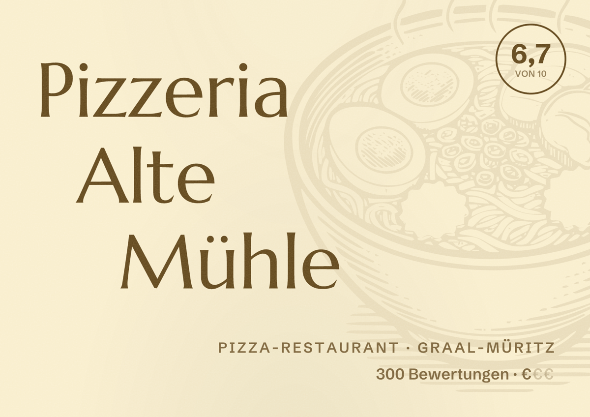 Illustriertes Poster von Pizzeria Alte Mühle, Pizza-Restaurant in Graal-Müritz: Bewertung 6,7 von 10 aus 300 Bewertungen, Preisniveau €